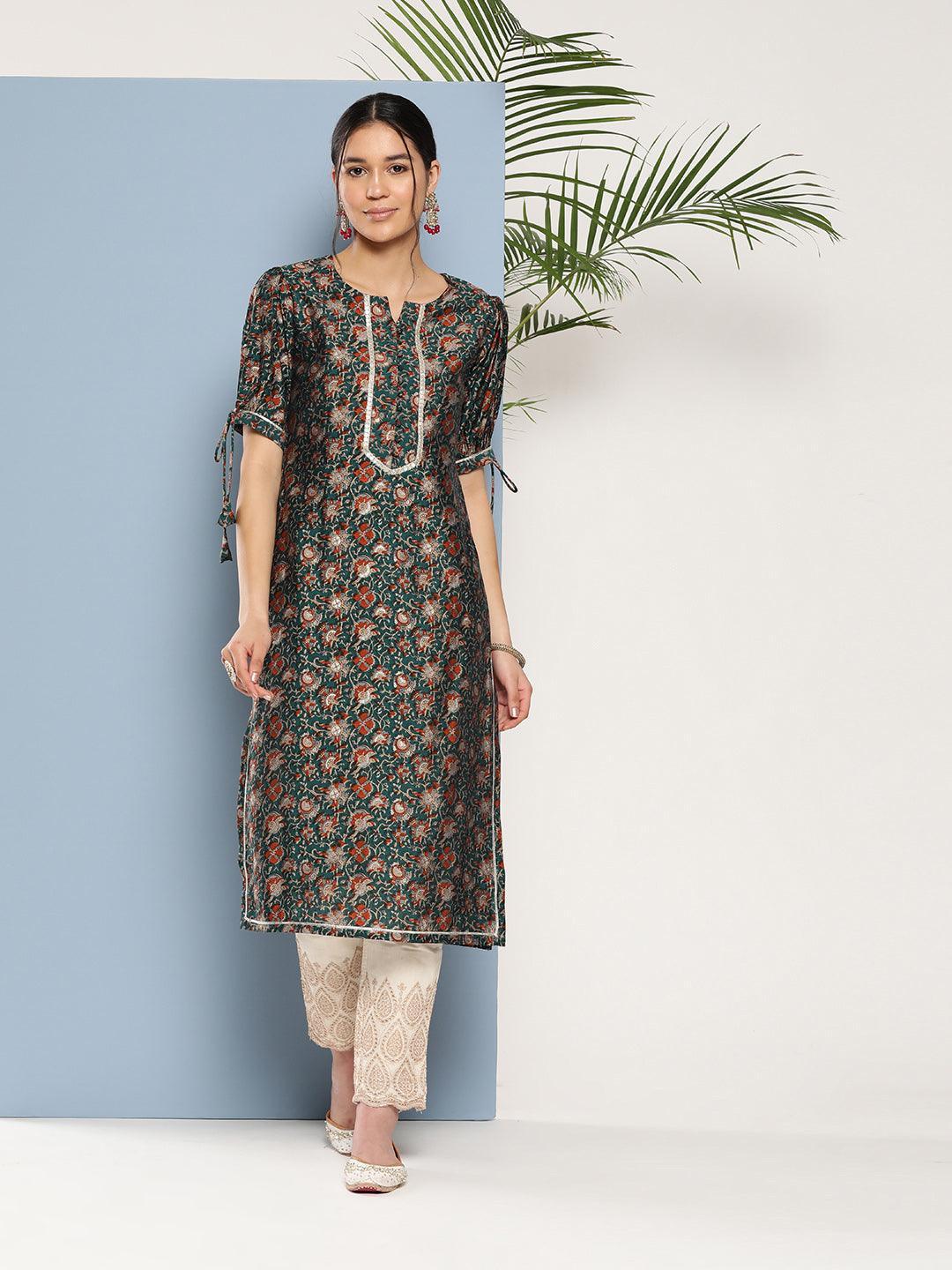 Teal Printed Silk Straight Kurta - Libas