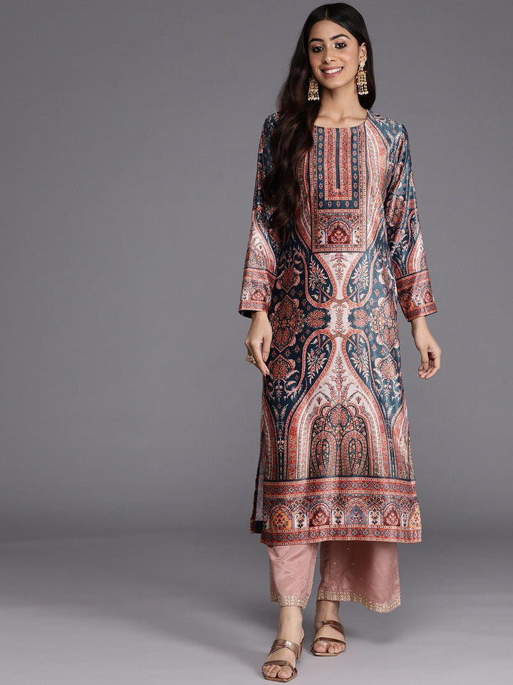 Teal Printed Velvet Straight Kurta - Libas