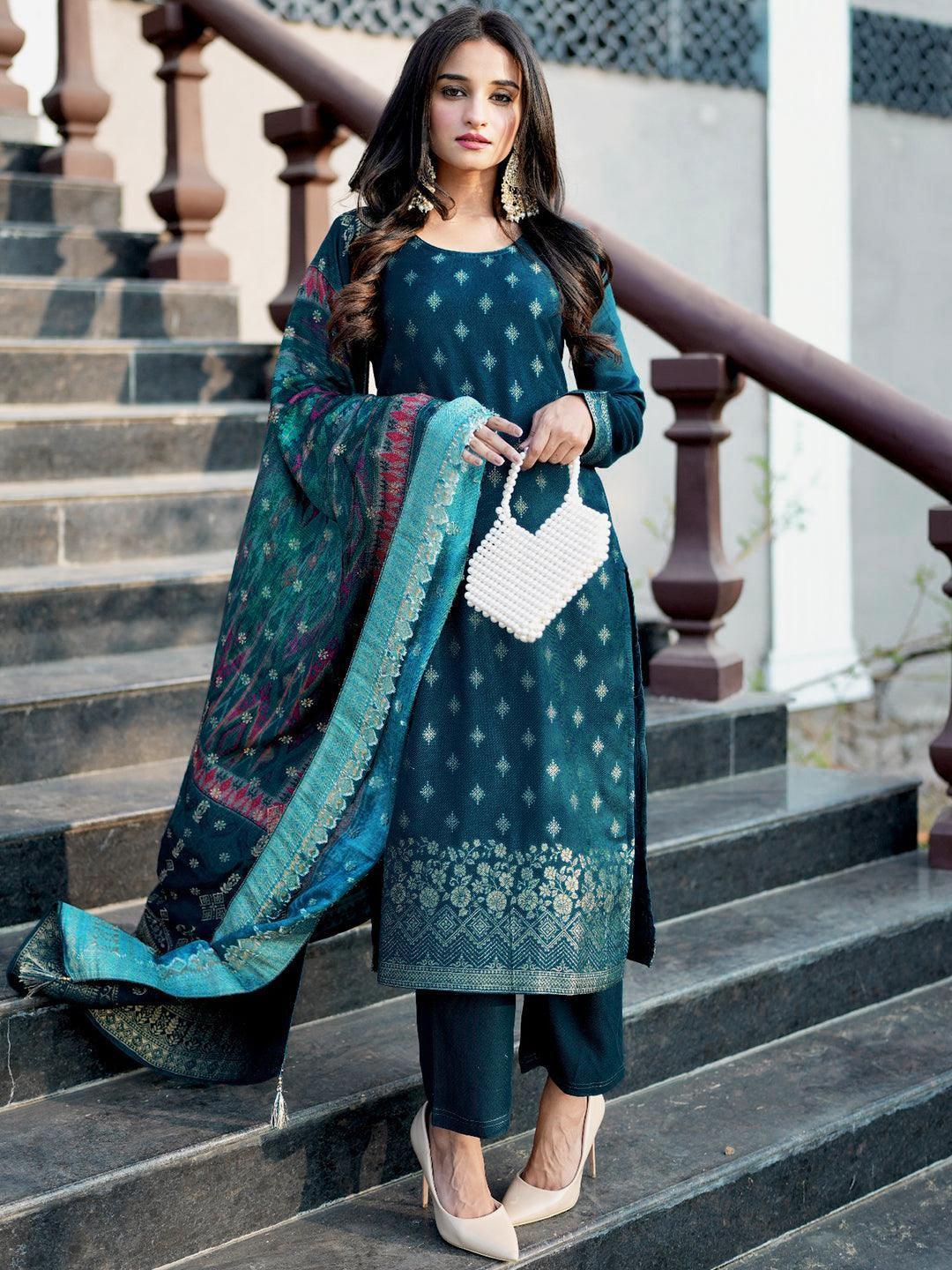 Teal Self Design Pashmina Wool Straight Suit Set