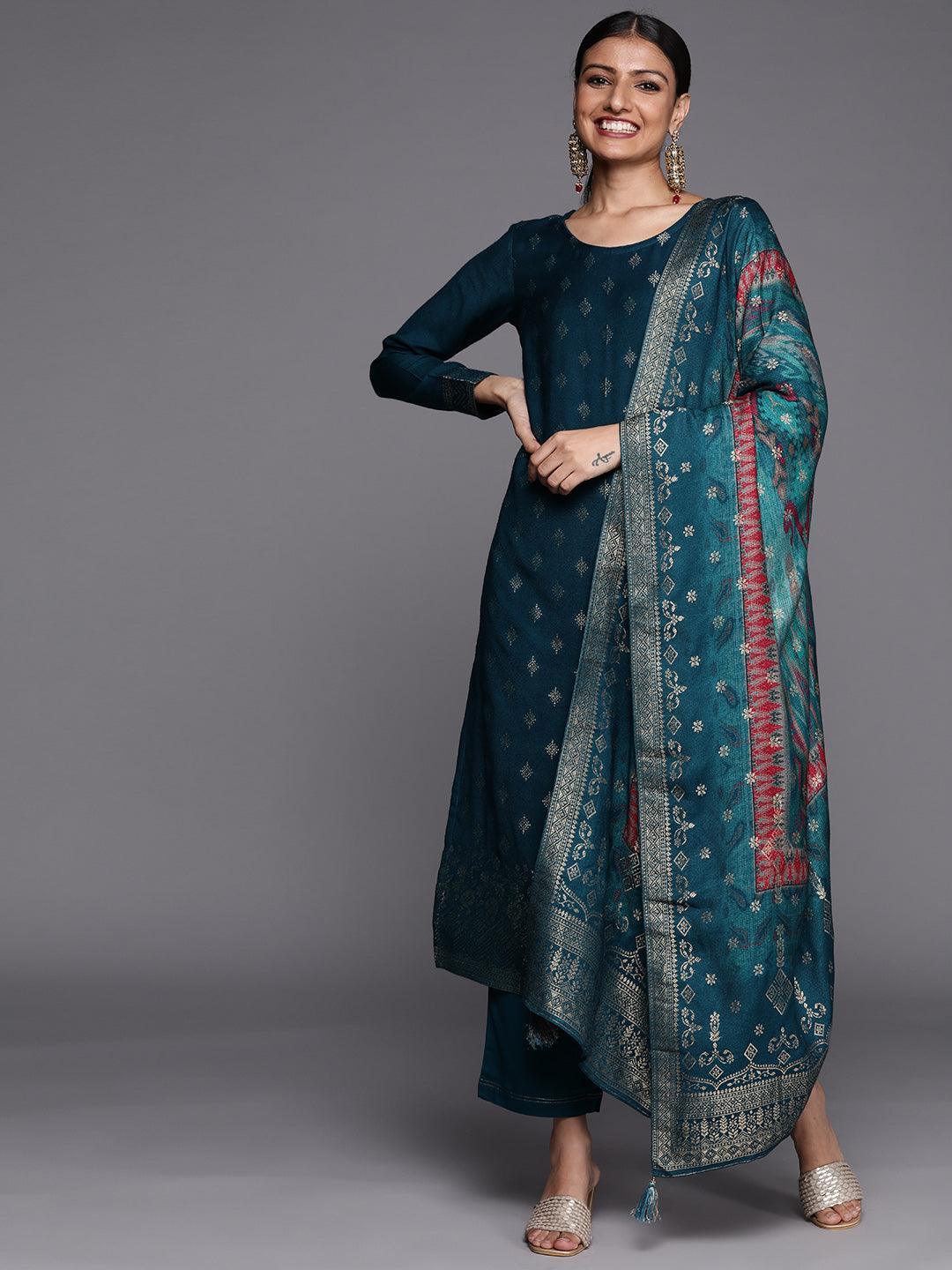 Teal Self Design Pashmina Wool Straight Suit Set