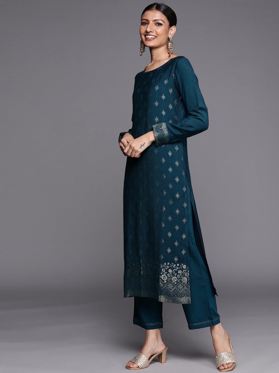 Teal Self Design Pashmina Wool Straight Suit Set