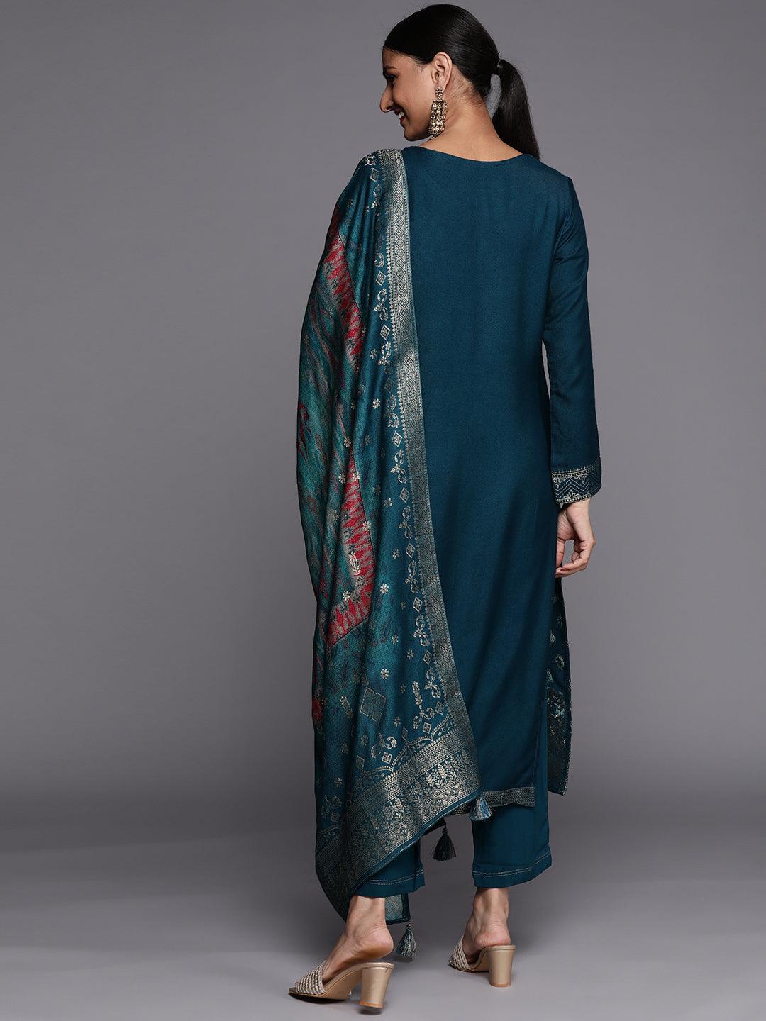 Teal Self Design Pashmina Wool Straight Suit Set