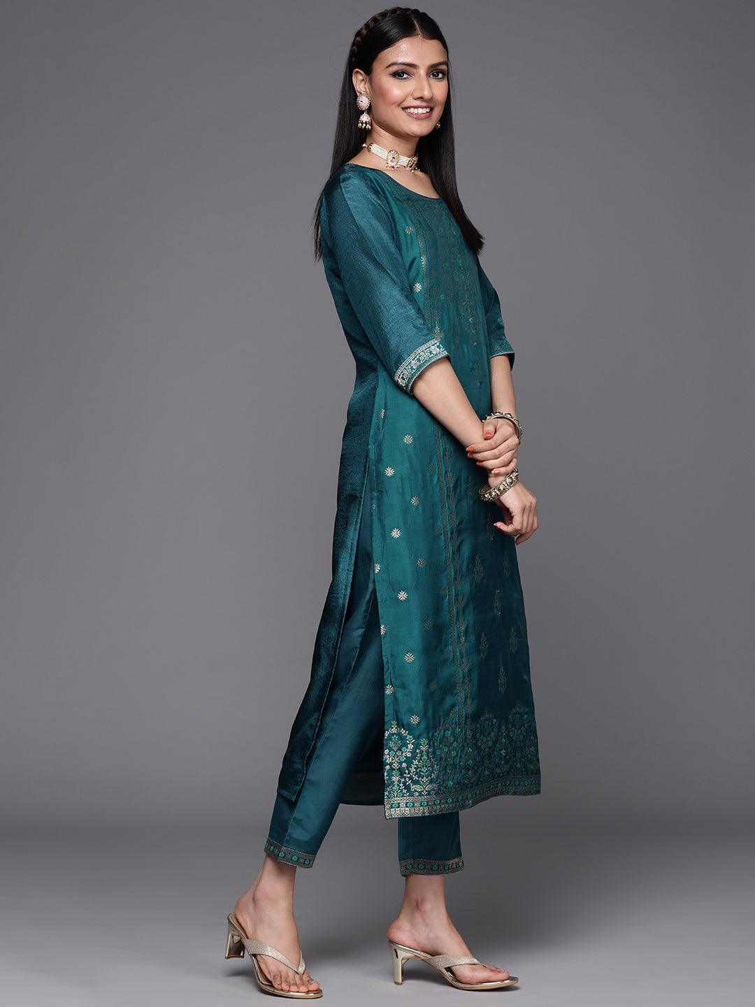 Teal Self Design Silk Suit Set