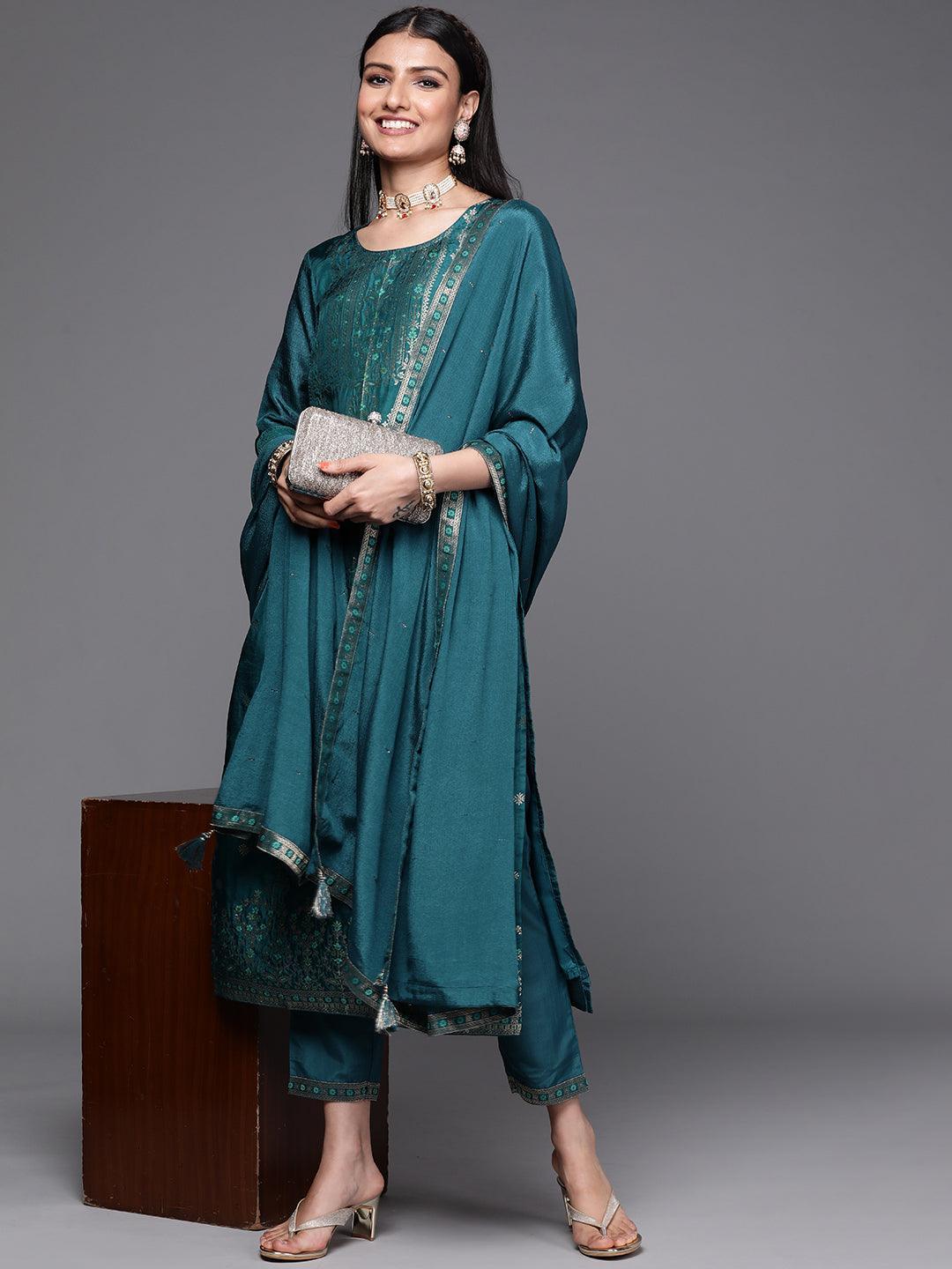 Teal Self Design Silk Suit Set