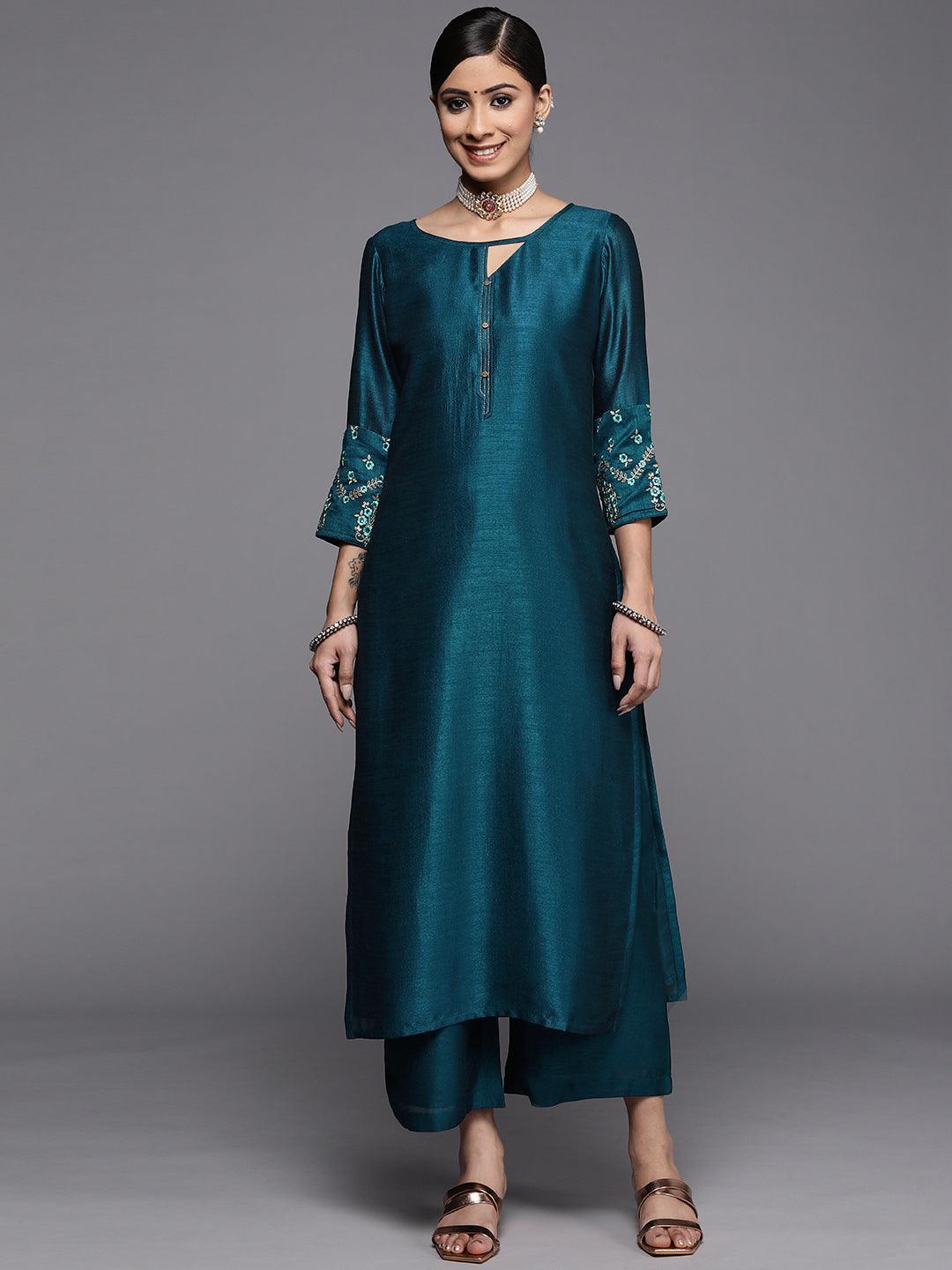 Teal Solid Silk Kurta - ShopLibas