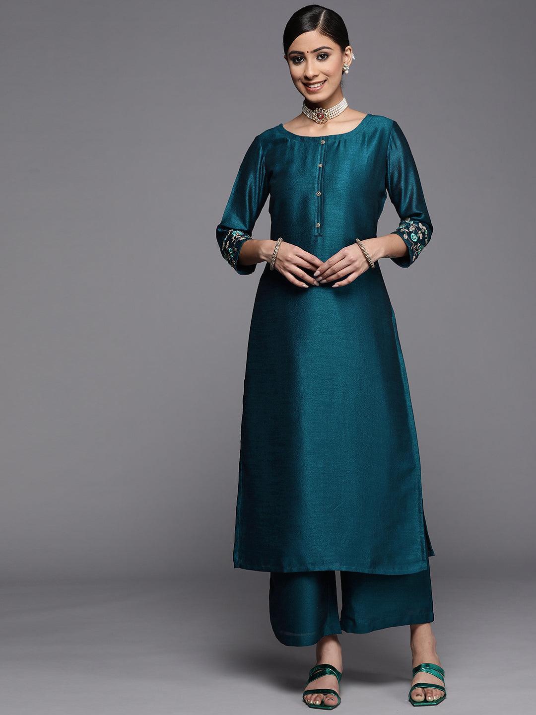 Teal Solid Silk Kurta - ShopLibas