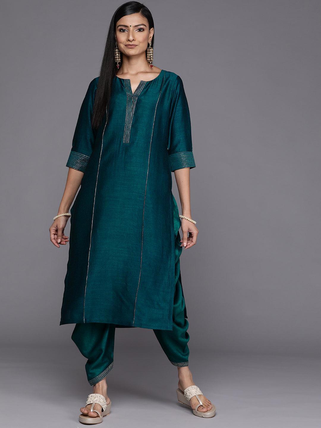 Teal Solid Silk Straight Kurta - ShopLibas