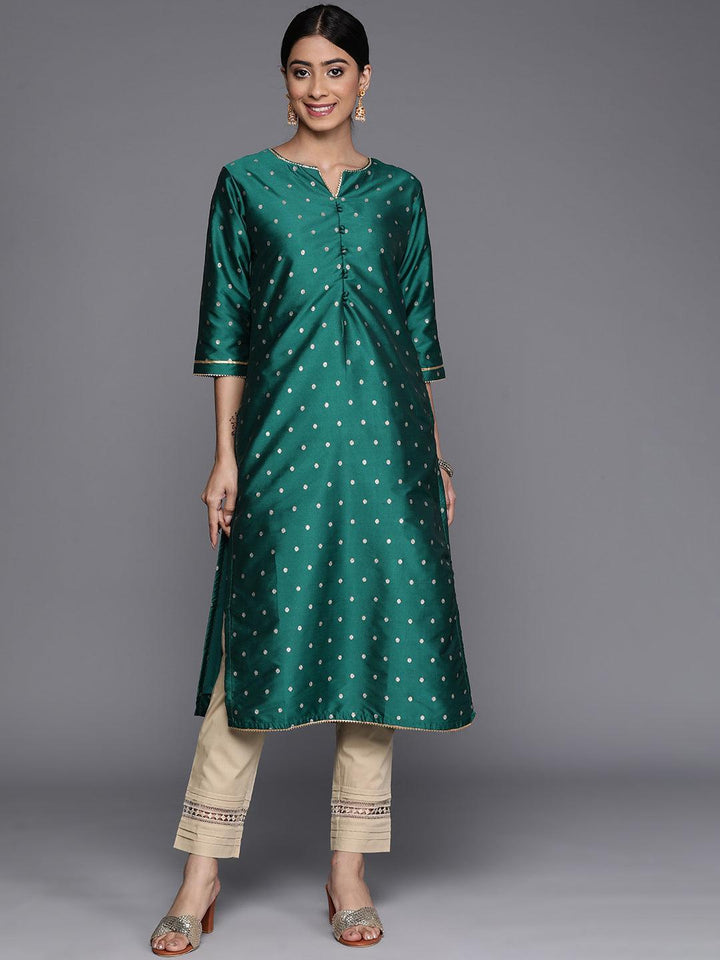 Teal Woven Design Art Silk Straight Kurta - ShopLibas