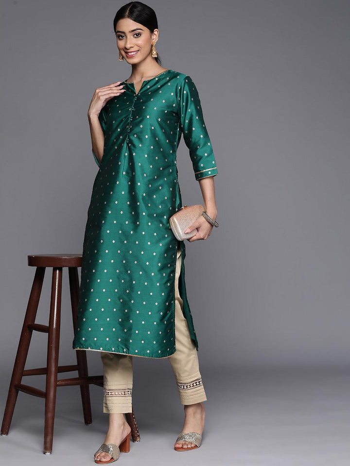 Teal Woven Design Art Silk Straight Kurta - ShopLibas