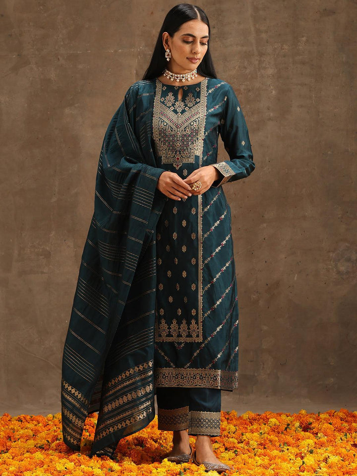 Teal Woven Design Silk Blend Straight Suit Set With Trousers - ShopLibas