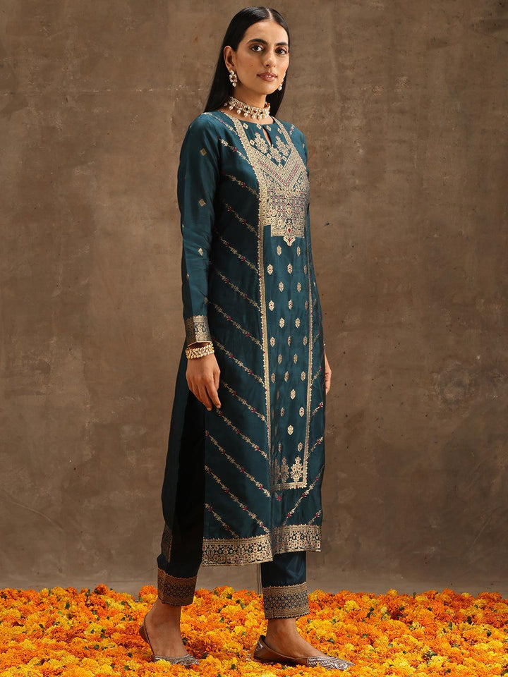 Teal Woven Design Silk Blend Straight Suit Set With Trousers - ShopLibas