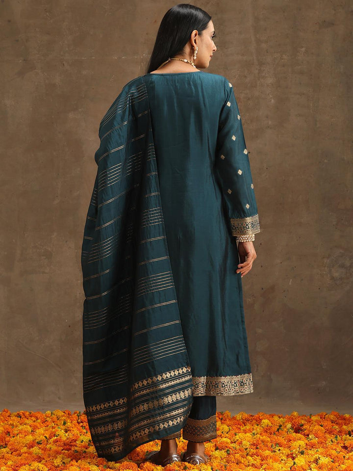 Teal Woven Design Silk Blend Straight Suit Set With Trousers - ShopLibas