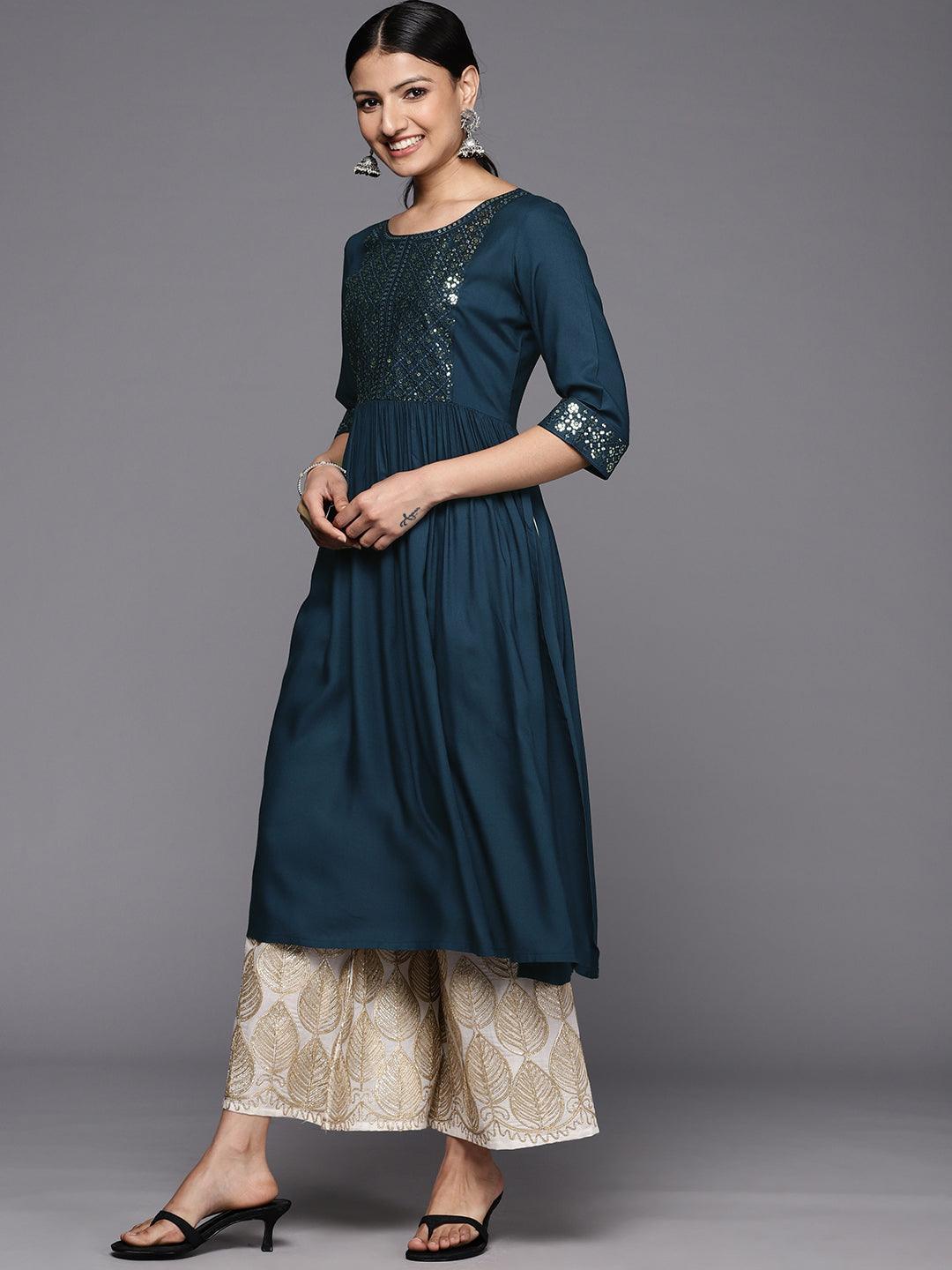 Teal Yoke Design Rayon A-Line Kurta