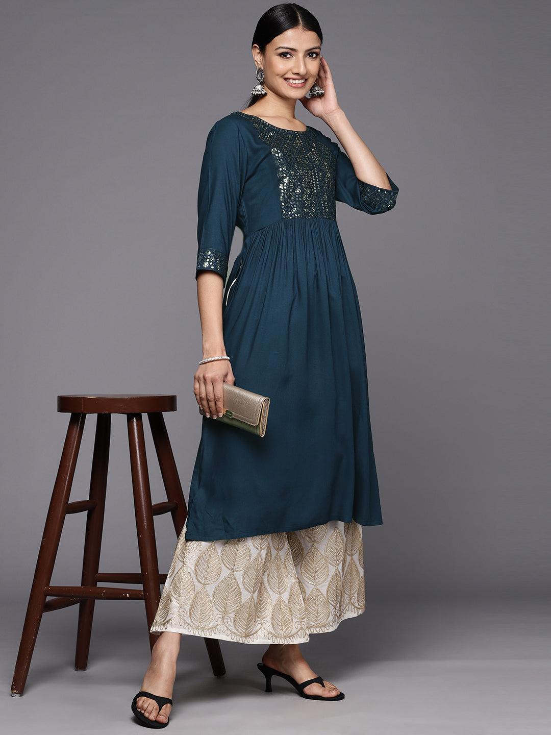 Teal Yoke Design Rayon A-Line Kurta