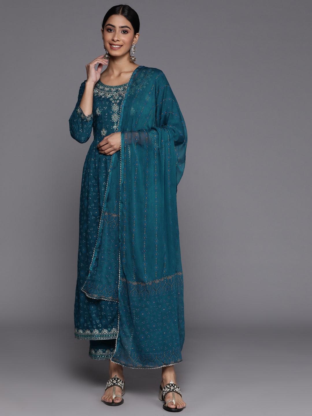 Teal Yoke Design Rayon Suit Set With Trousers - ShopLibas