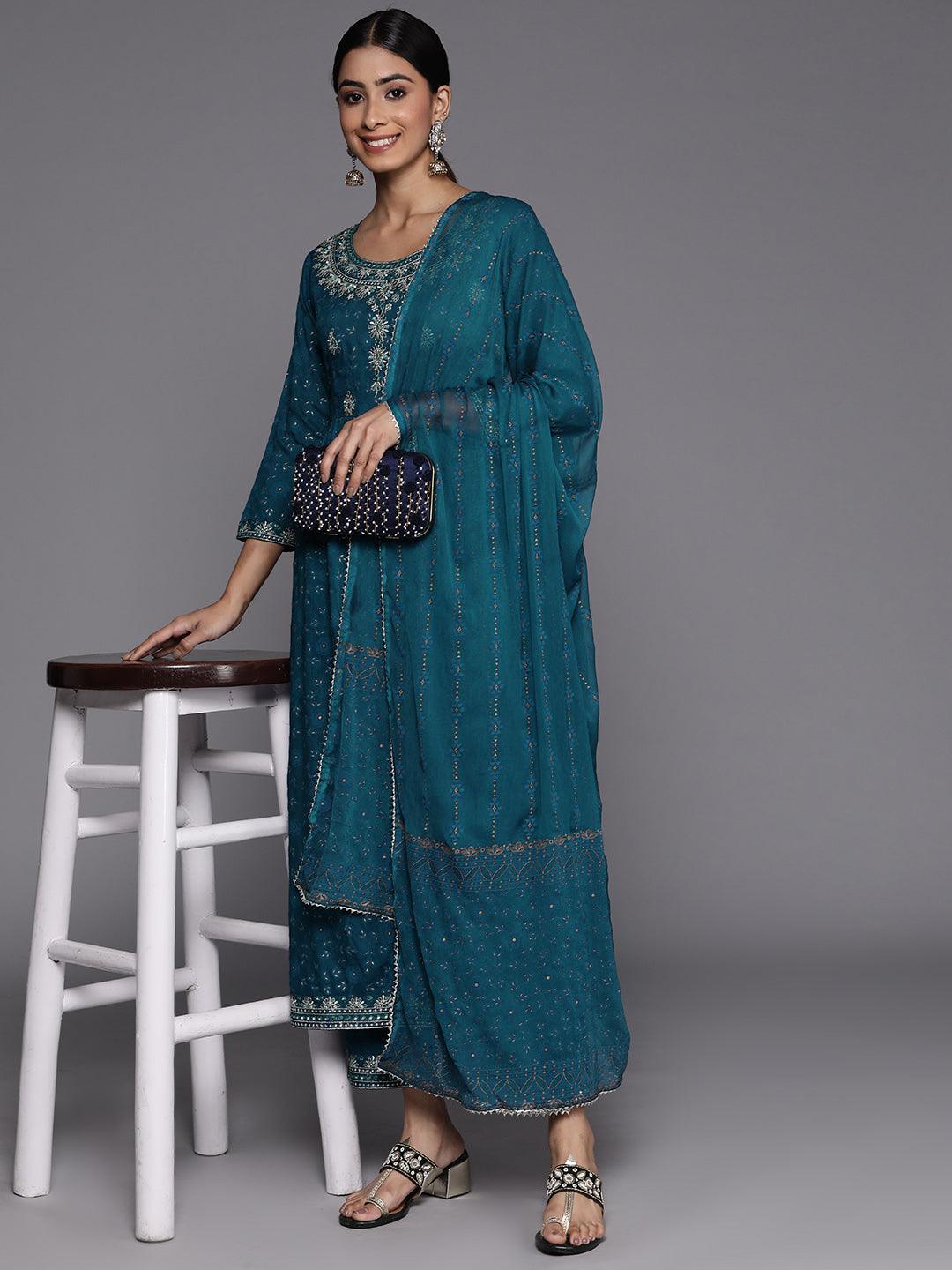 Teal Yoke Design Rayon Suit Set With Trousers - ShopLibas