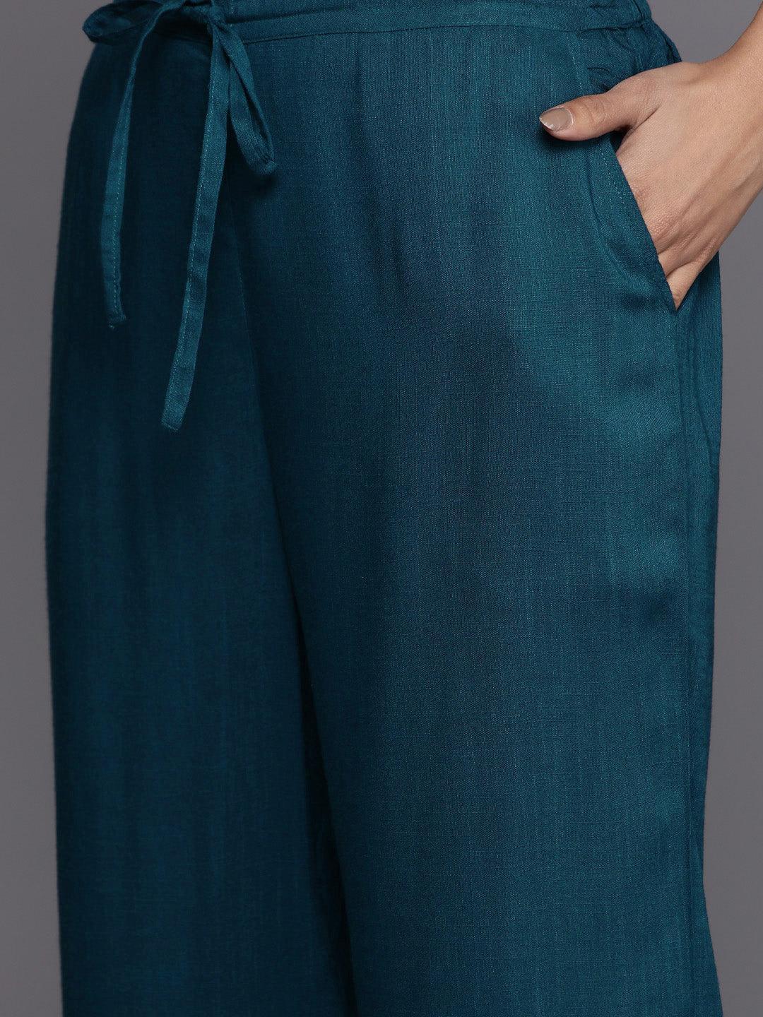 Teal Yoke Design Rayon Suit Set With Trousers - ShopLibas