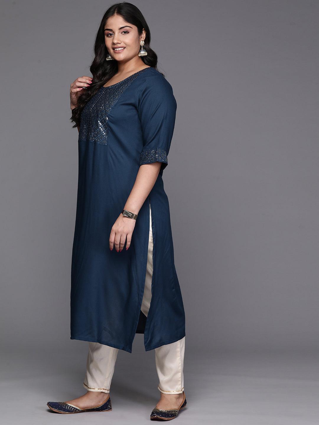 Teal Yoke Design Rayon Straight Kurta