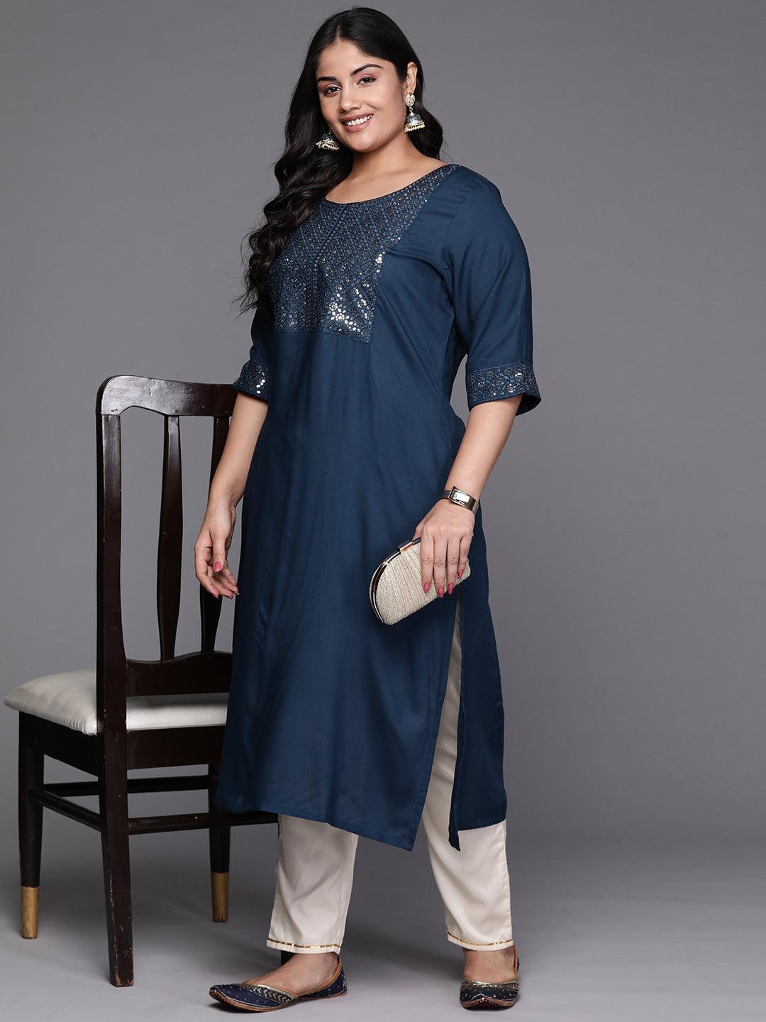 Teal Yoke Design Rayon Straight Kurta