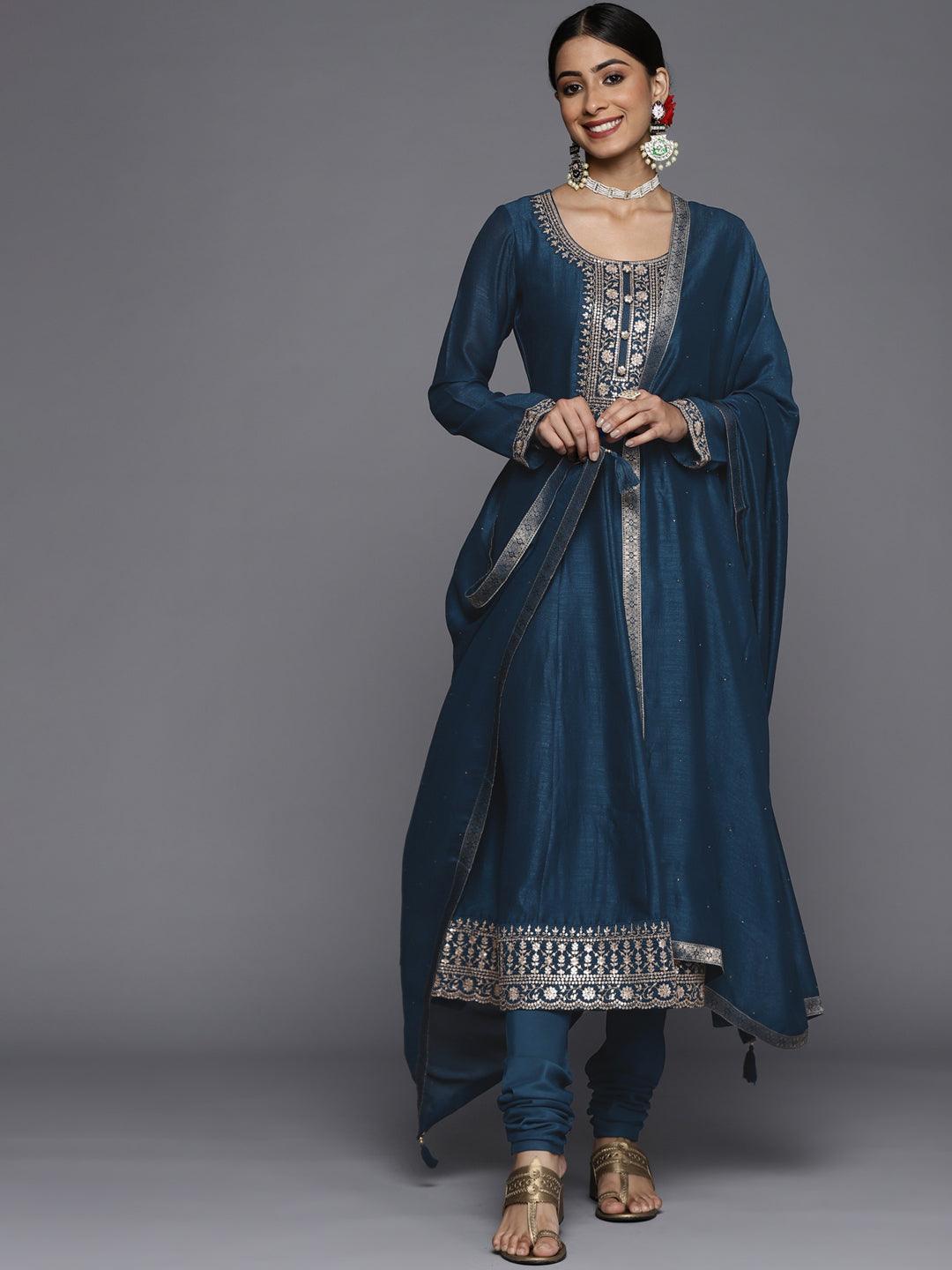 Teal Yoke Design Silk Blend Anarkali Suit Set - ShopLibas