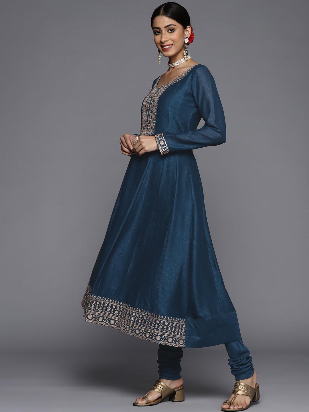 Teal Yoke Design Silk Blend Anarkali Suit Set