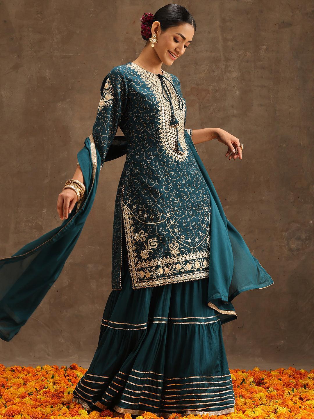 Teal Yoke Design Silk Blend Suit Set With Sharara - ShopLibas