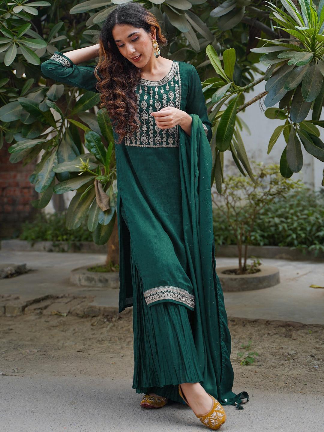 Teal Yoke Design Silk Blend Straight Suit Set