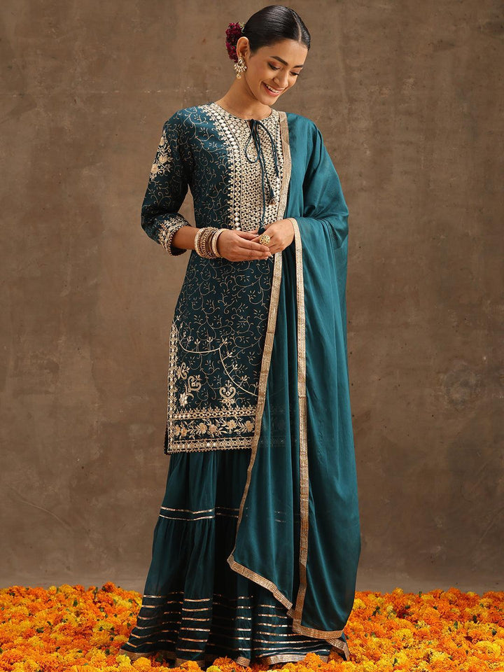 Teal Yoke Design Silk Blend Suit Set With Sharara - ShopLibas