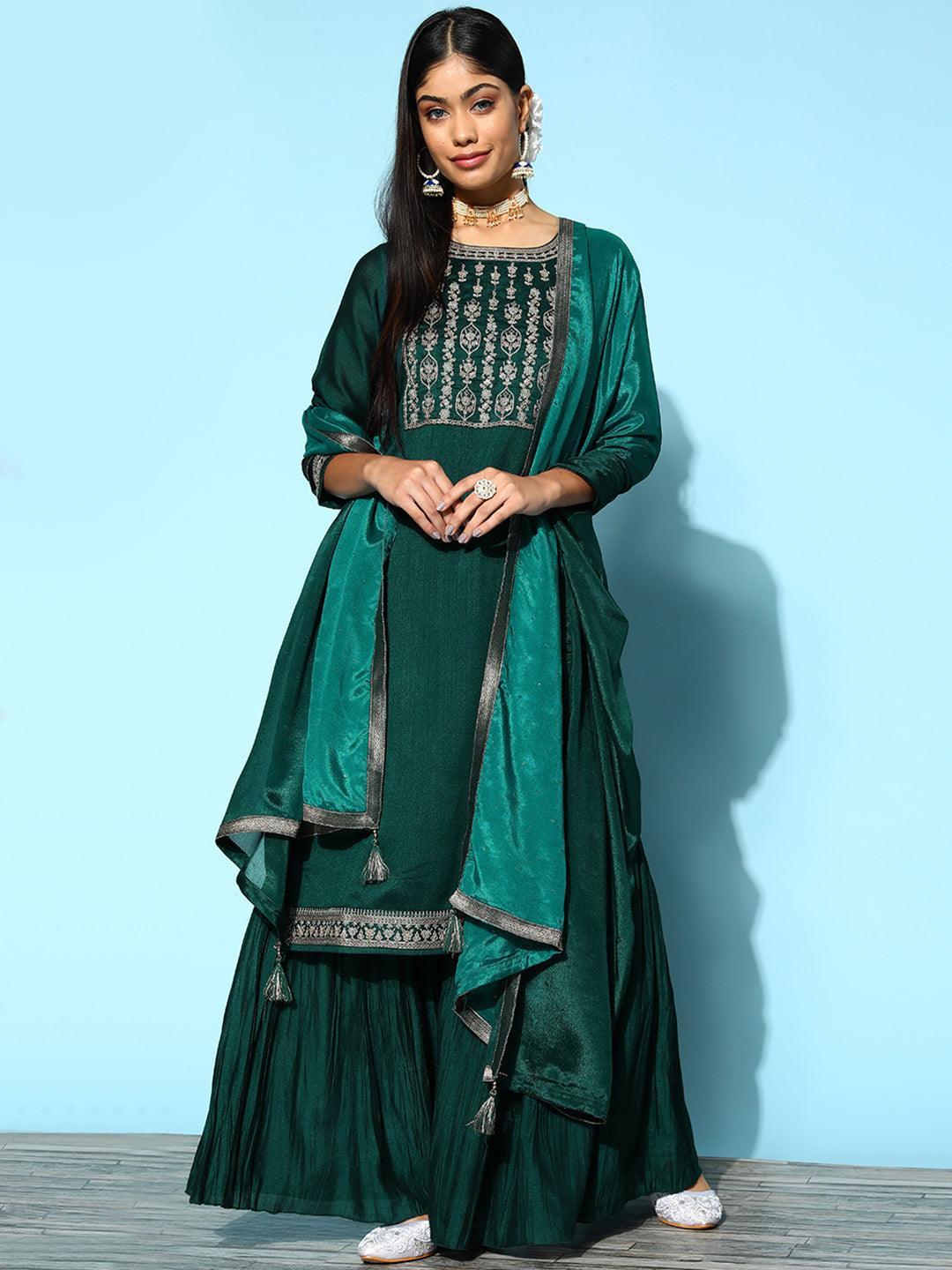 Teal Yoke Design Silk Blend Straight Suit Set