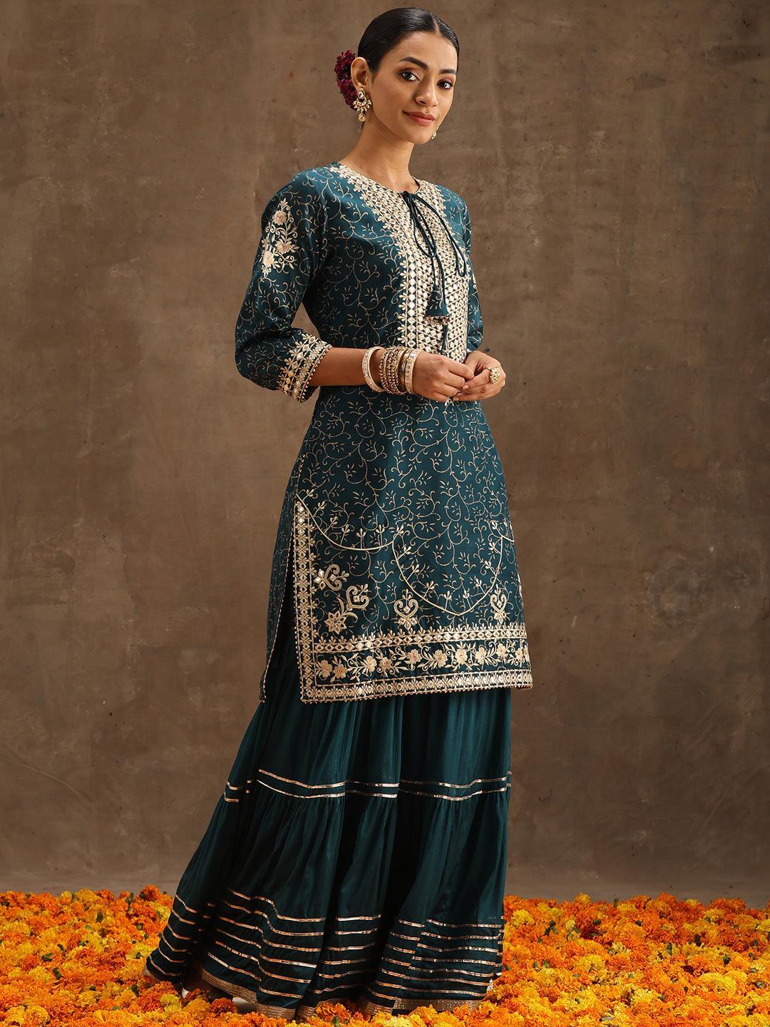 Teal Yoke Design Silk Blend Suit Set With Sharara - ShopLibas