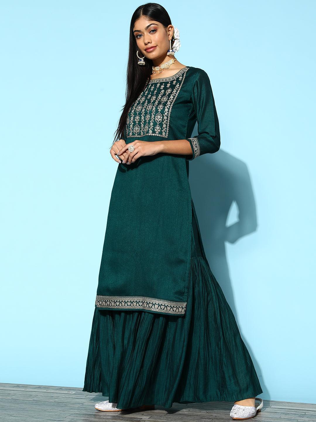 Teal Yoke Design Silk Blend Straight Suit Set