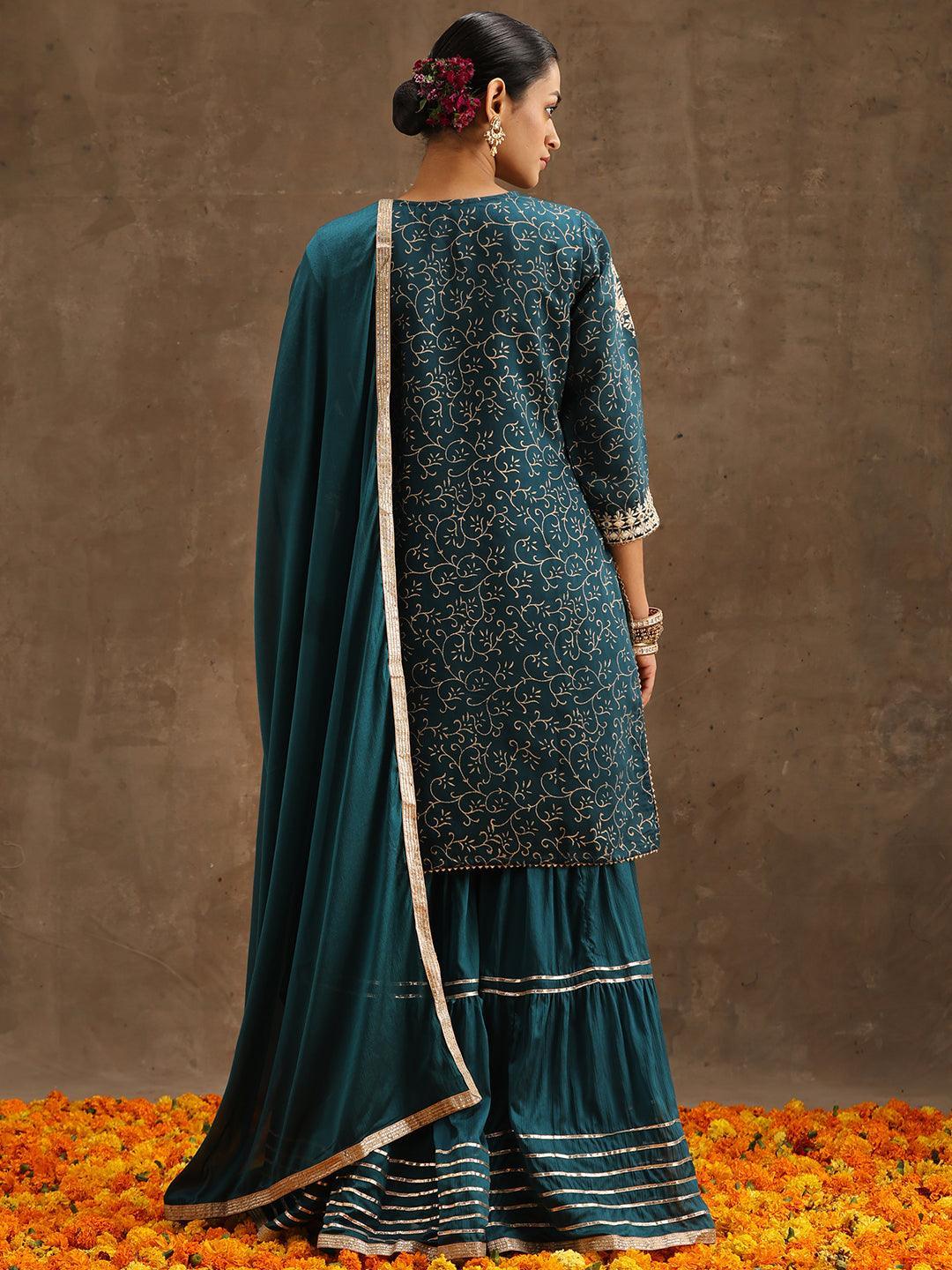 Teal Yoke Design Silk Blend Suit Set With Sharara - ShopLibas