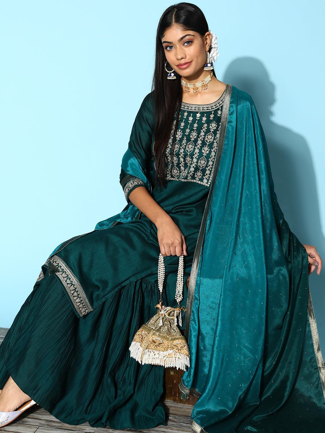 Teal Yoke Design Silk Blend Straight Suit Set