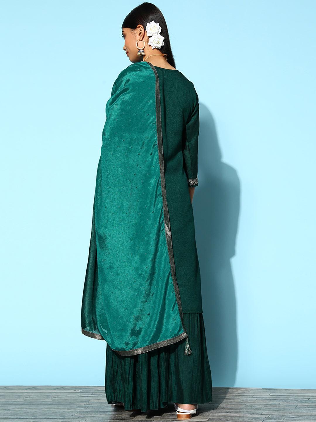 Teal Yoke Design Silk Blend Straight Suit Set