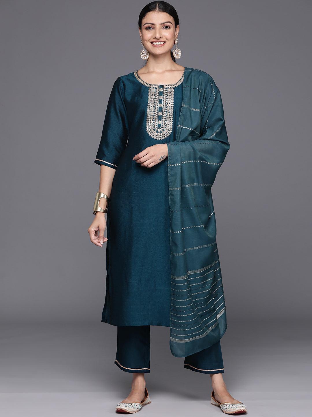 Teal Yoke Design Silk Blend Straight Kurta With Trousers & Dupatta