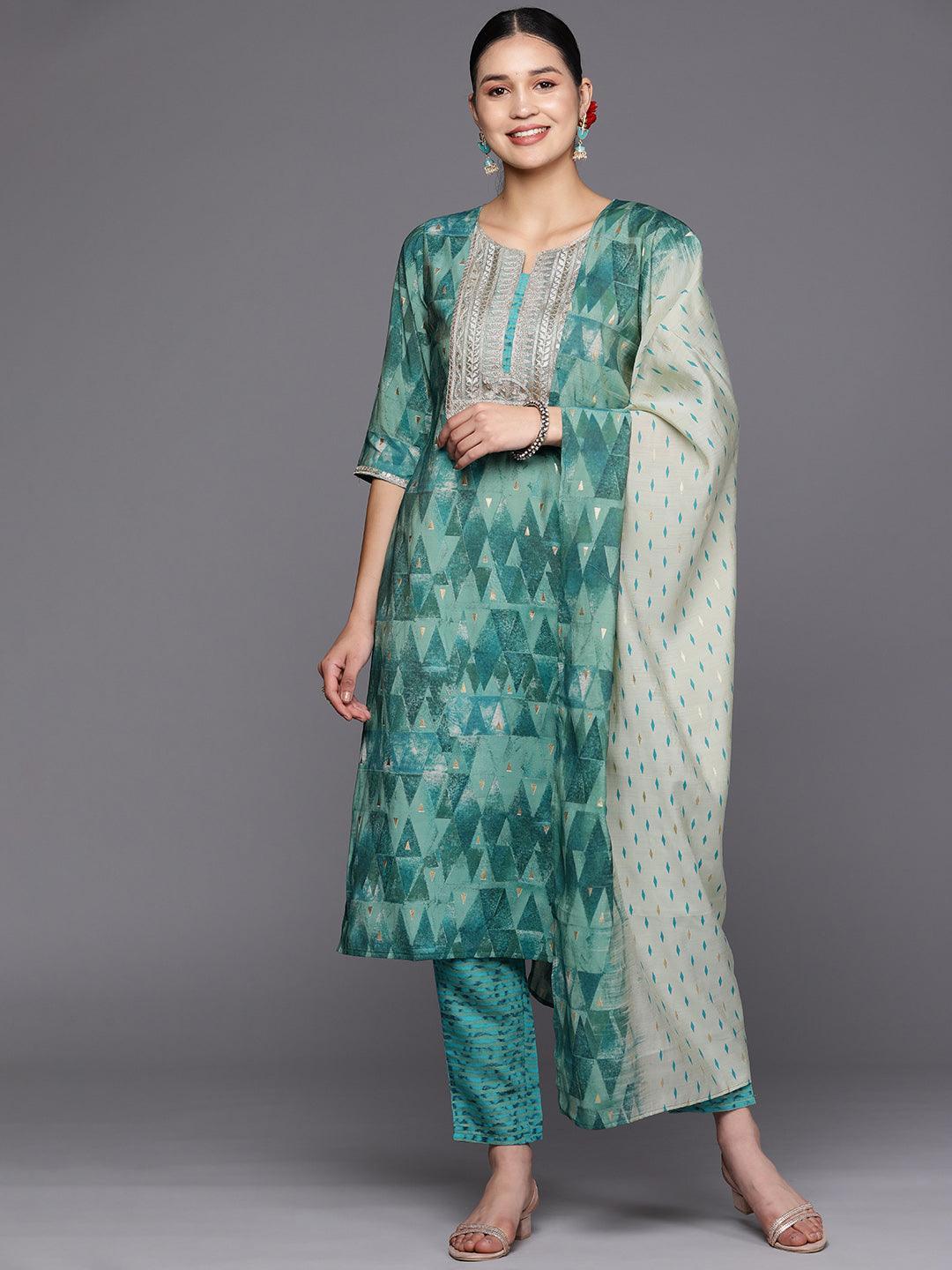 Teal Yoke Design Silk Blend Straight Suit Set With Trousers