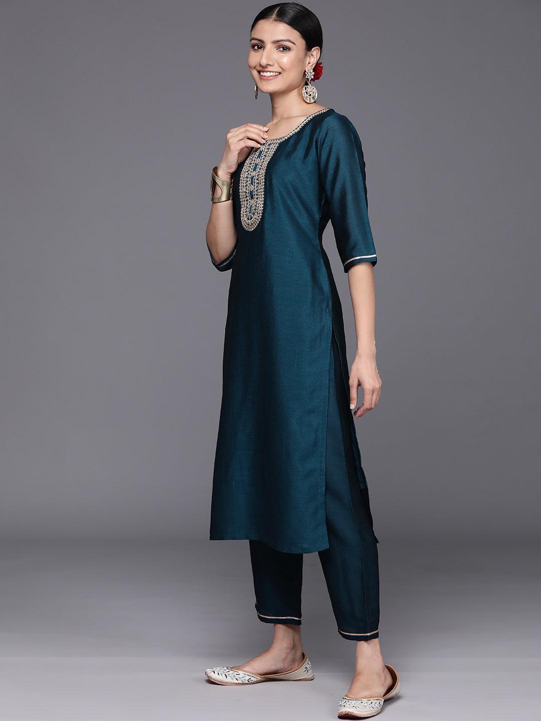 Teal Yoke Design Silk Blend Straight Kurta With Trousers & Dupatta