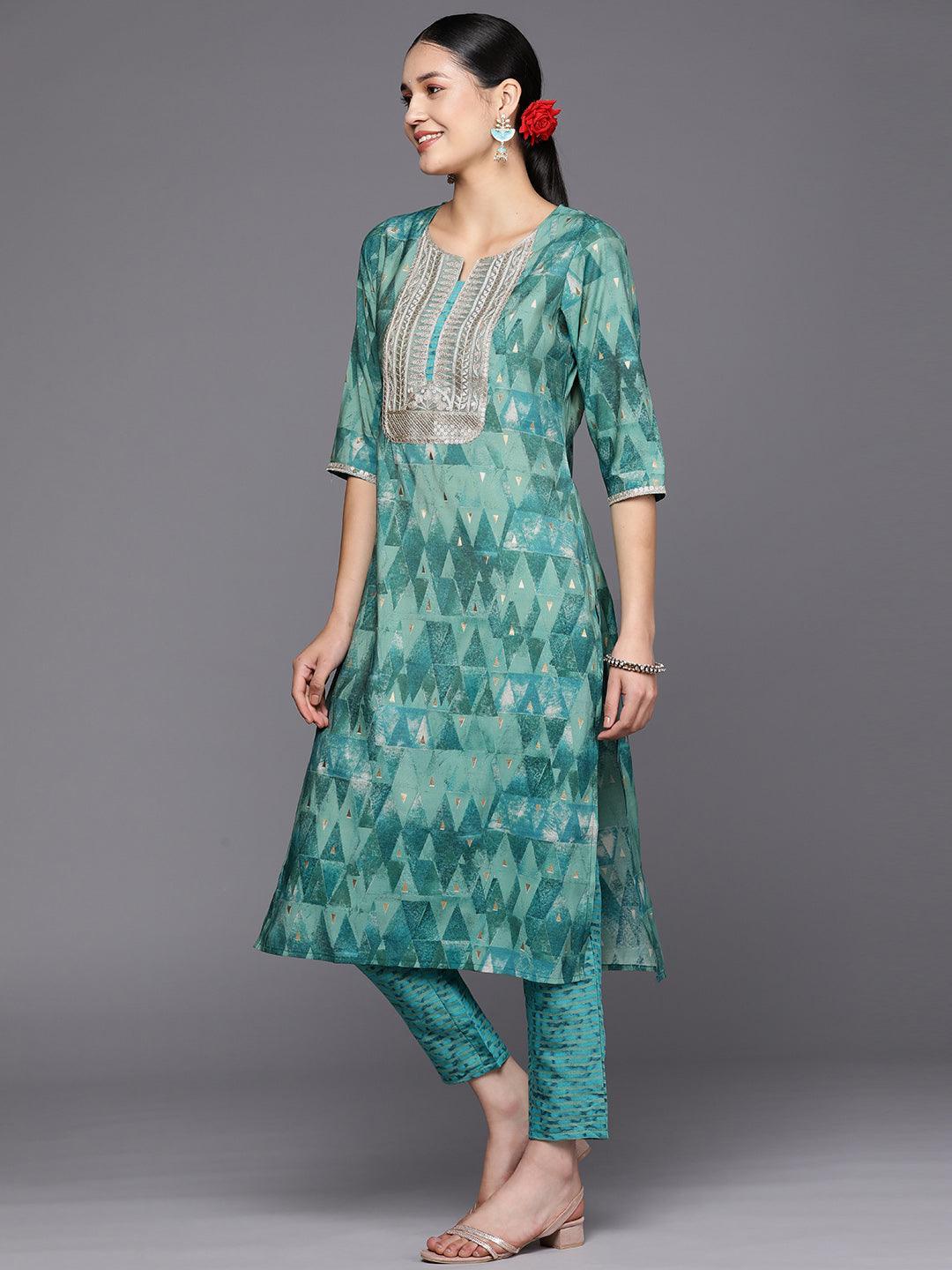 Teal Yoke Design Silk Blend Straight Suit Set With Trousers