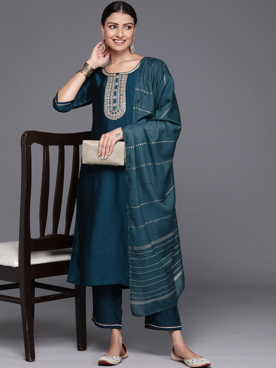 Teal Yoke Design Silk Blend Straight Kurta With Trousers & Dupatta - Libas