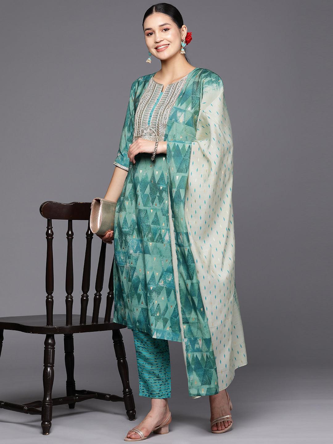 Teal Yoke Design Silk Blend Straight Suit Set With Trousers