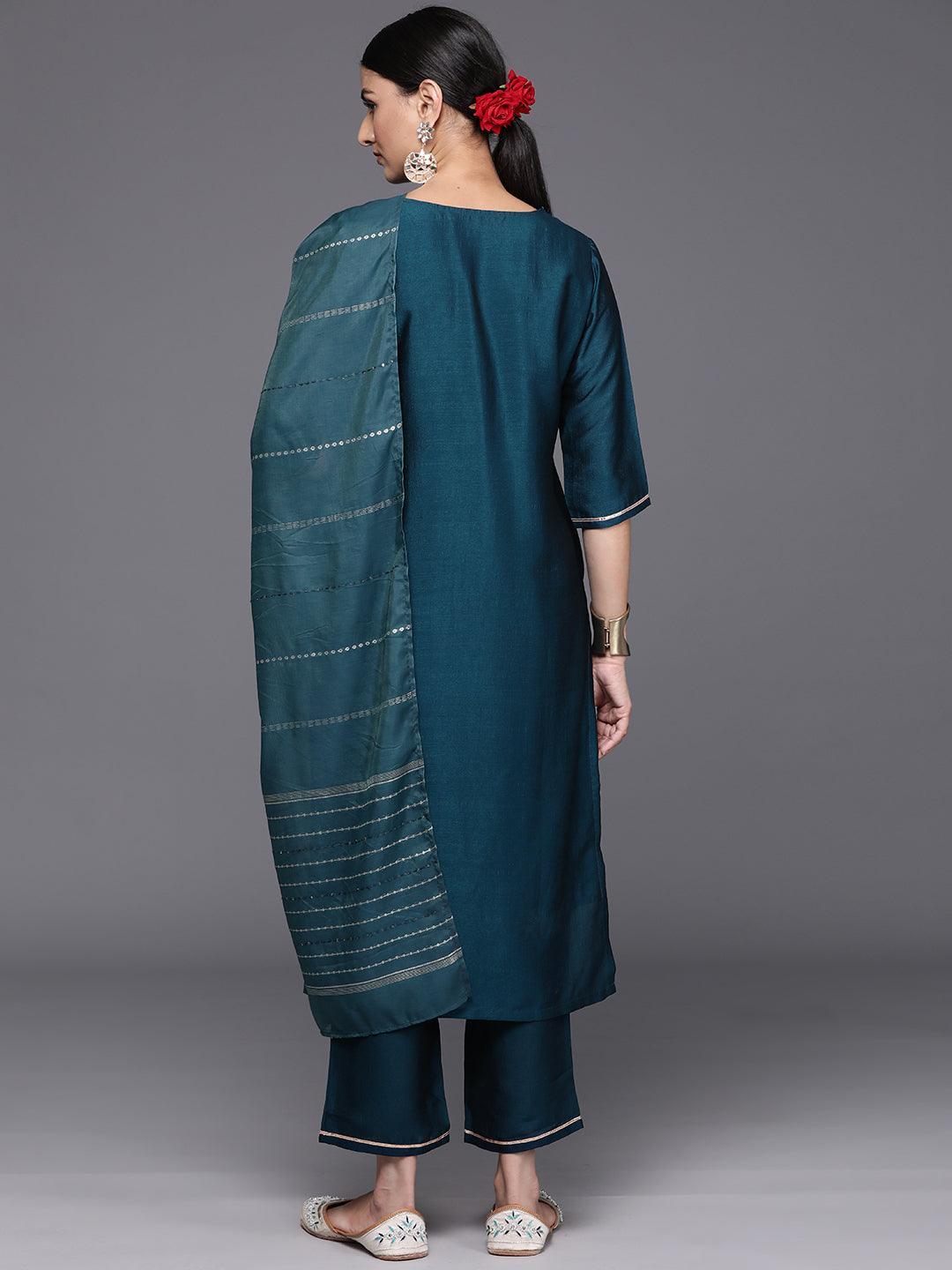 Teal Yoke Design Silk Blend Straight Kurta With Trousers & Dupatta