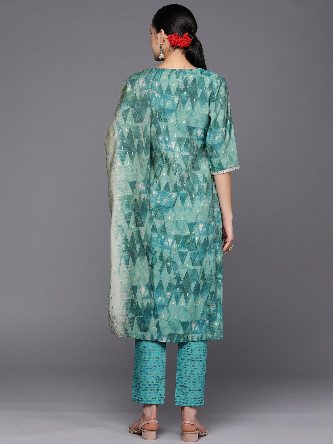 Teal Yoke Design Silk Blend Straight Suit Set With Trousers