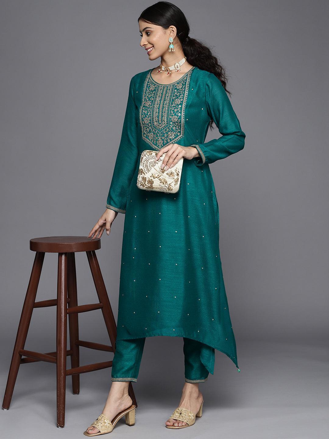 Teal Yoke Design Silk Kurta