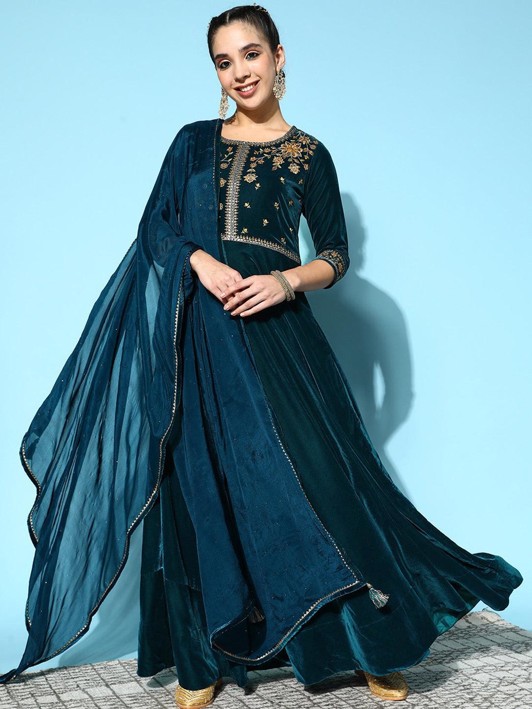 Teal Yoke Design Velvet Anarkali Suit Set