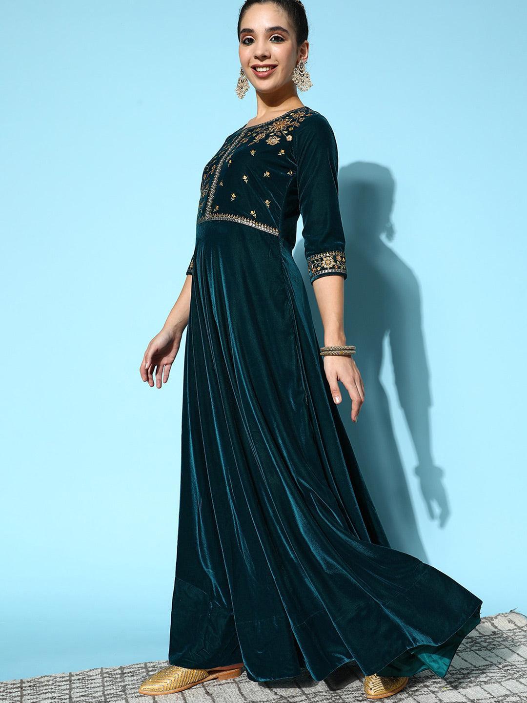 Teal Yoke Design Velvet Anarkali Suit Set