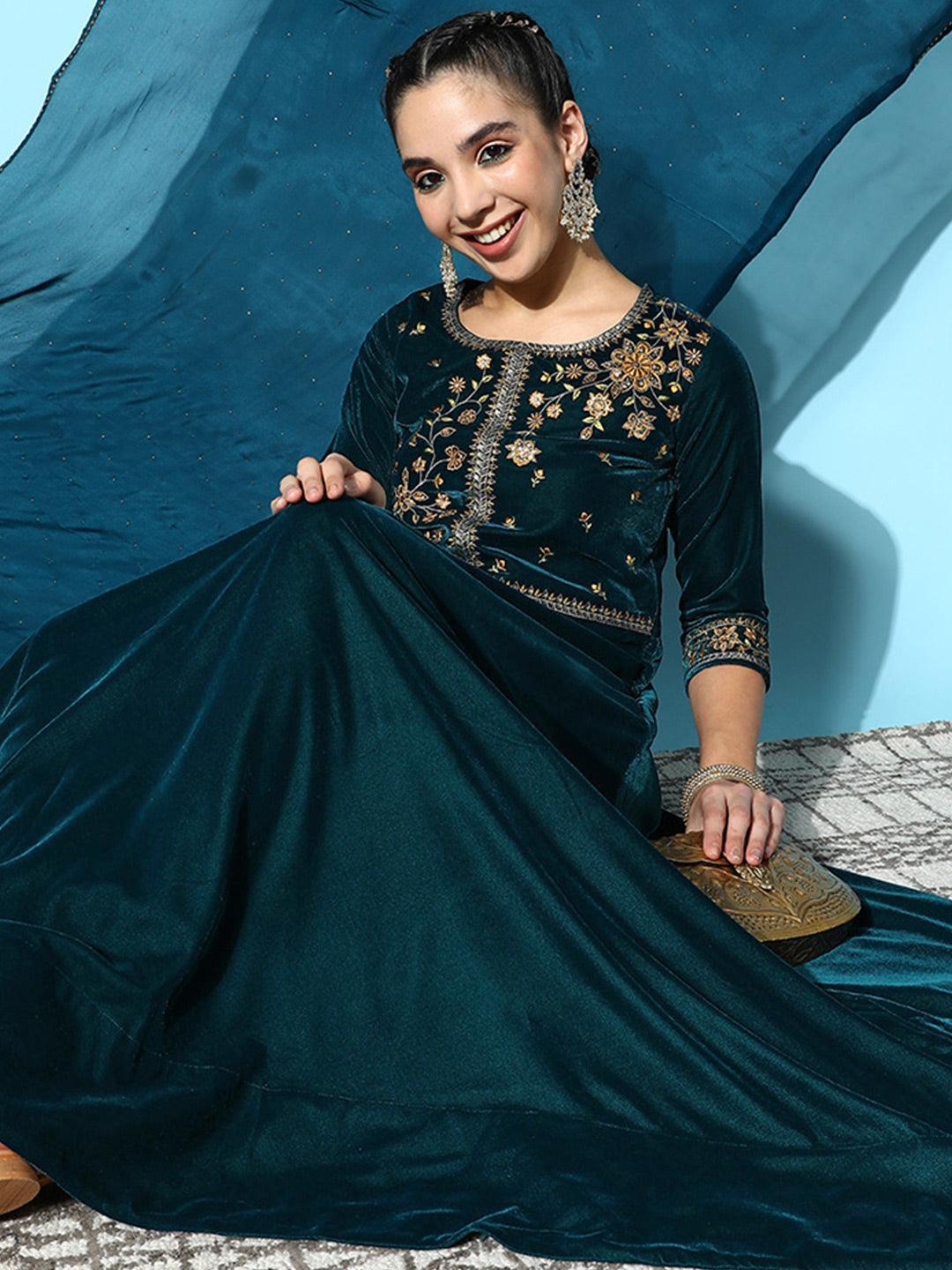 Teal Yoke Design Velvet Anarkali Suit Set