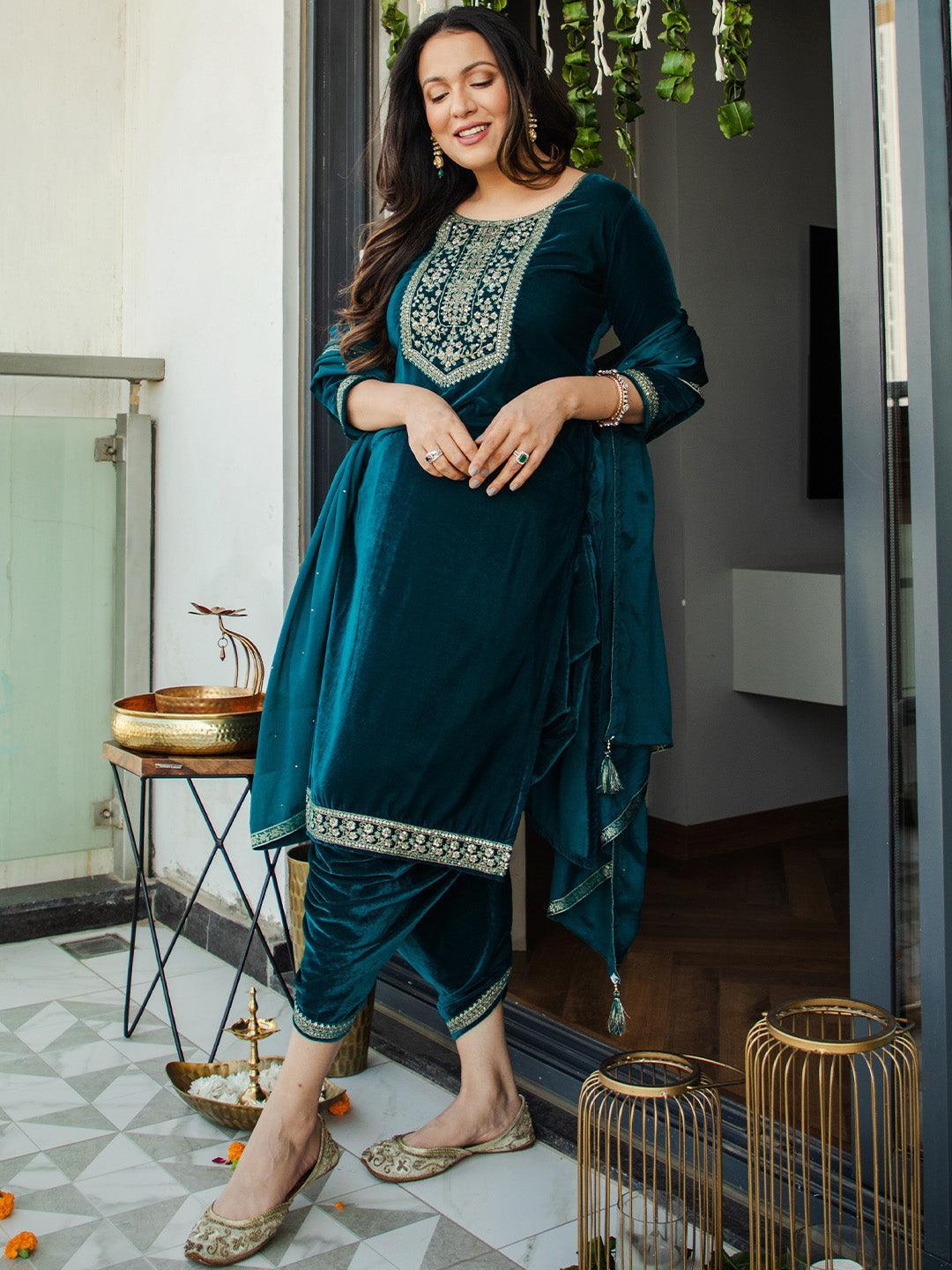 Teal Yoke Design Velvet Straight Suit Set