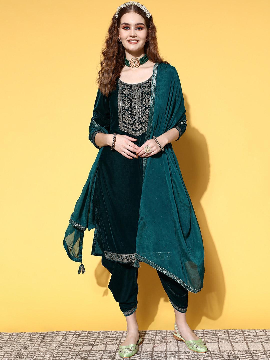 Teal Yoke Design Velvet Straight Suit Set