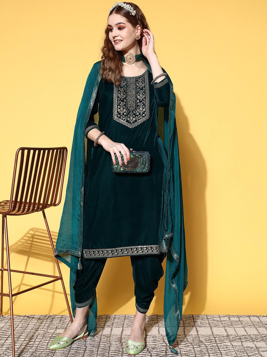 Teal Yoke Design Velvet Straight Suit Set