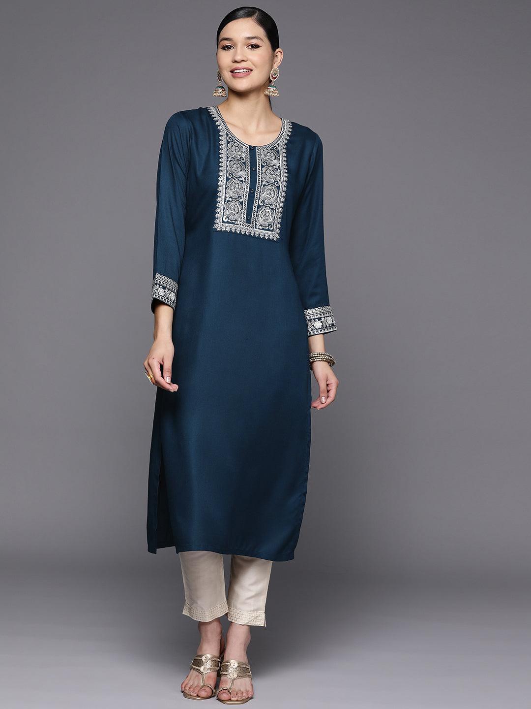 Teal Yoke Design Wool Straight Kurta - Libas